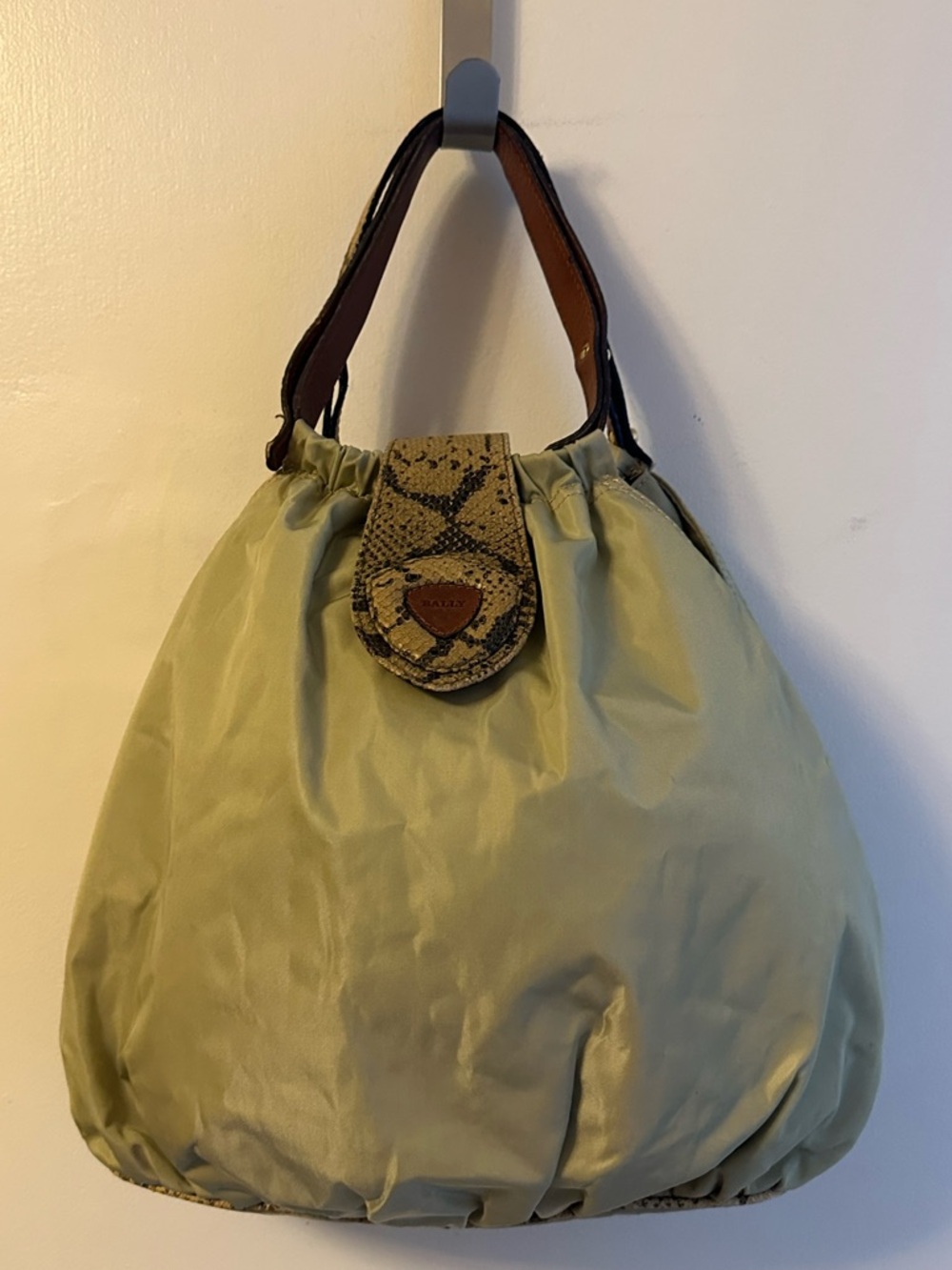 Bally EUC Light Green Nylon Hobo with Python Trim and Closure Flap
